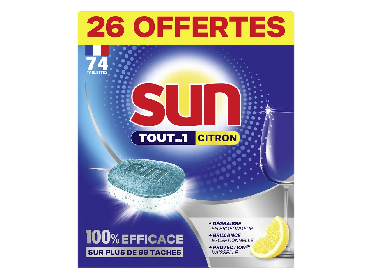 Paquet de tablettes pour lave-vaisselle au citron, 74 tablettes dont 26 offertes, 100% efficace sur plus de 99 taches.