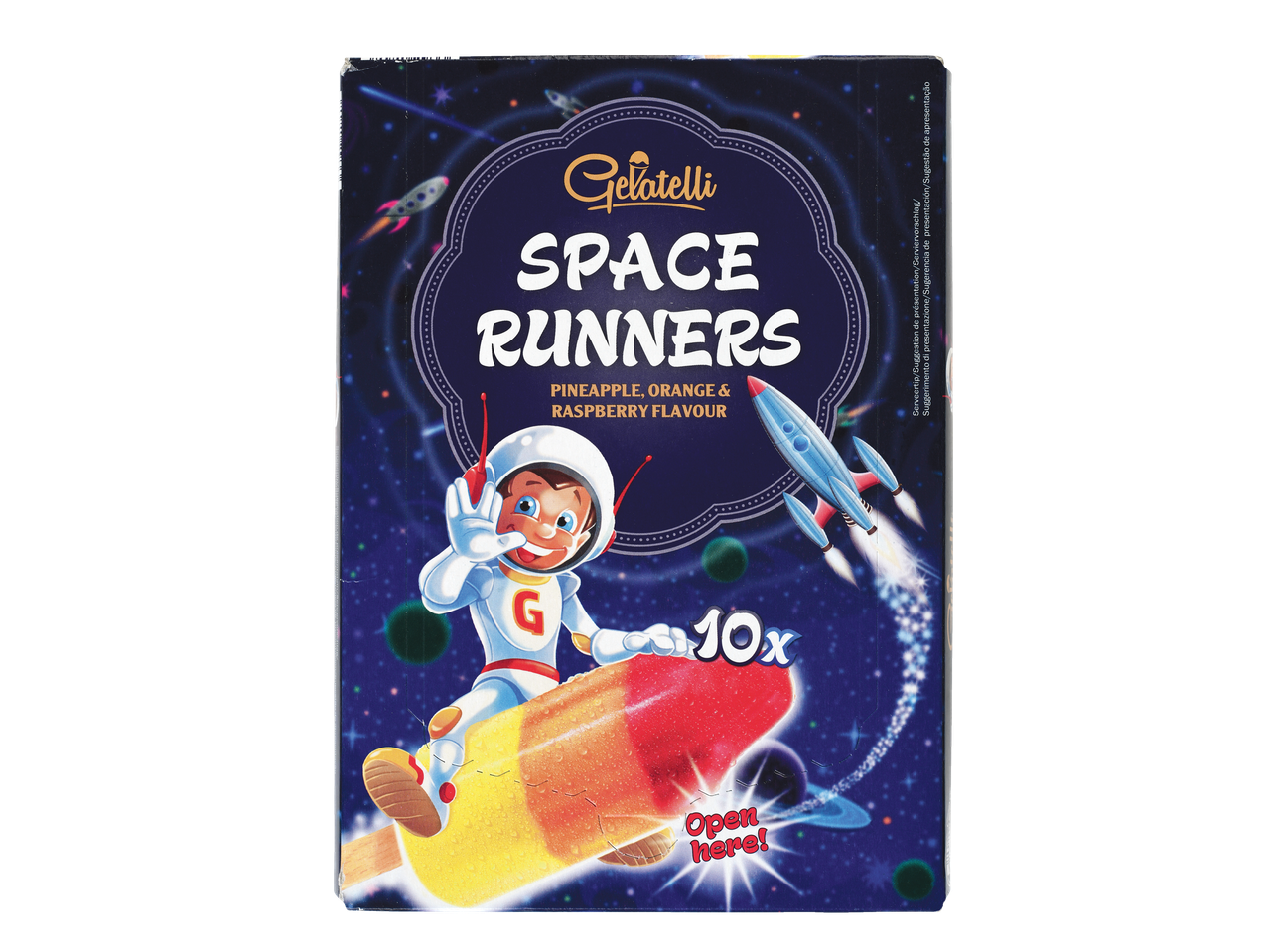 Caixa de 10 picolés Gelatelli Space Runners sabor abacaxi, laranja e framboesa.