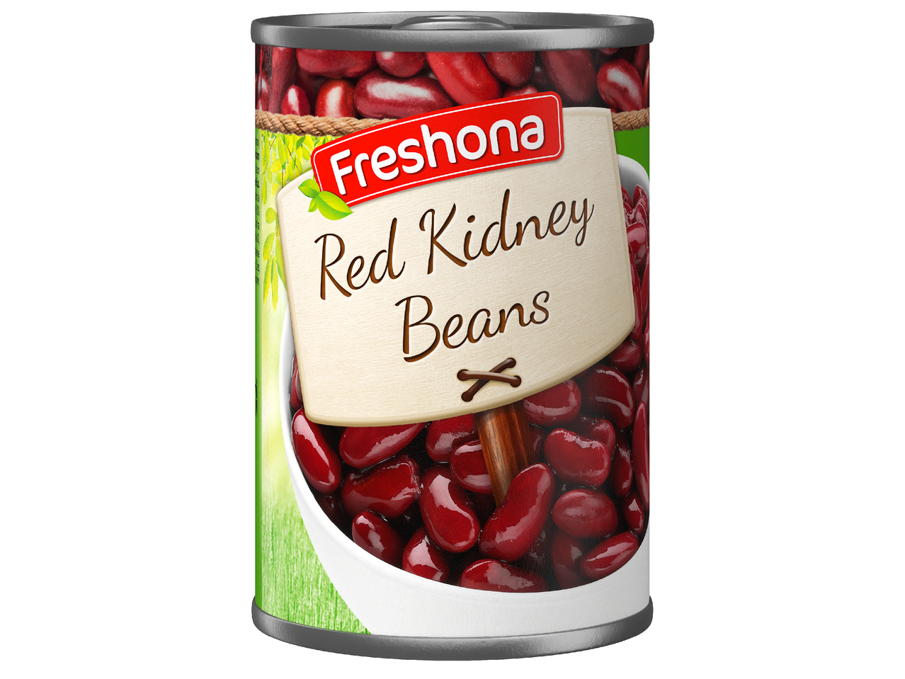 Консерва с червен боб, с етикет „Red Kidney Beans“ и зелени листа.