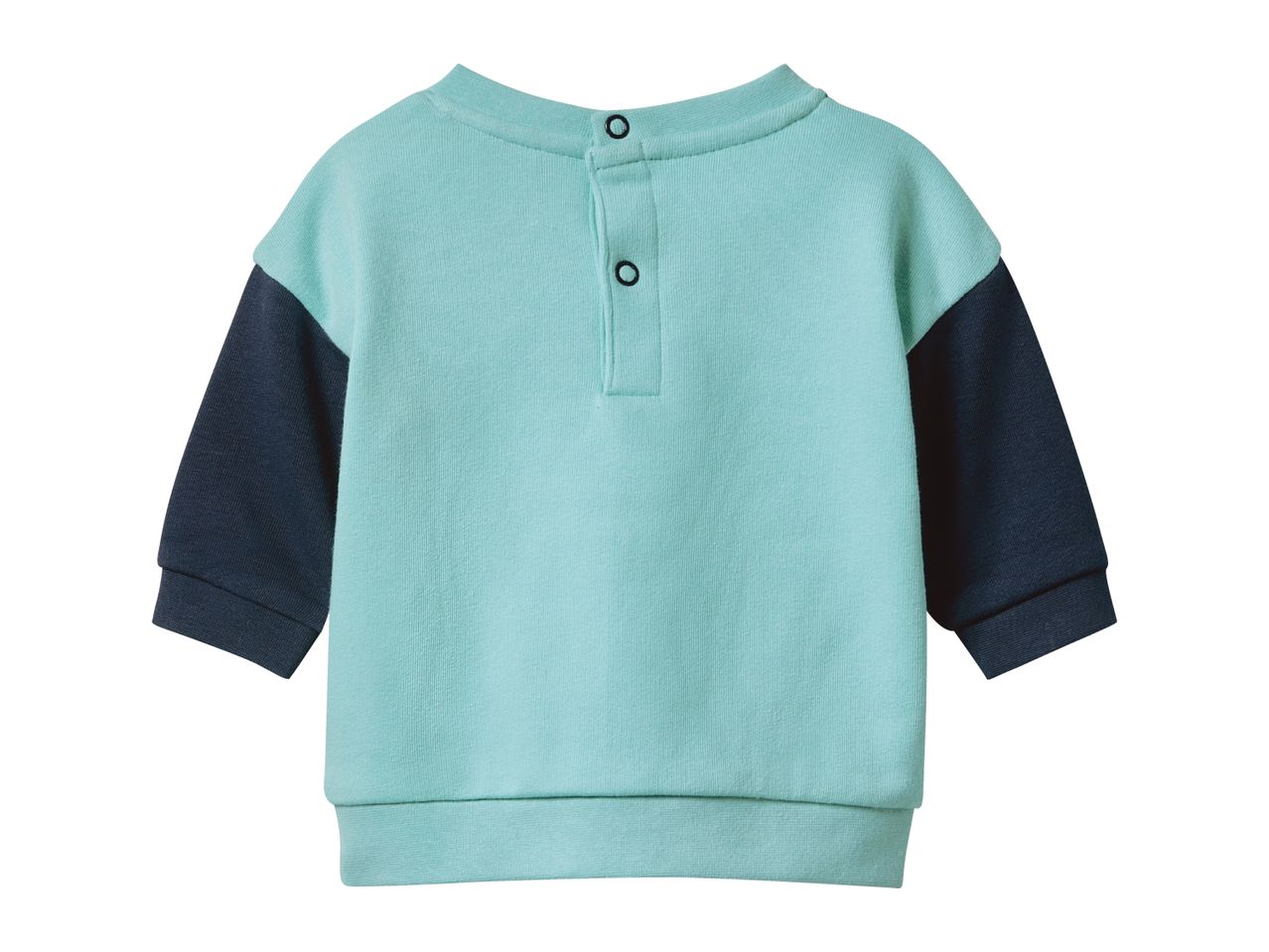 Baby's teal and navy blue long-sleeved top with snap buttons.