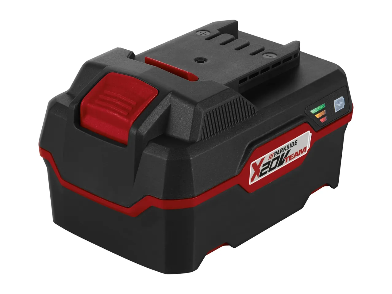 Black and red power tool battery with charge indicator and X20V Team branding