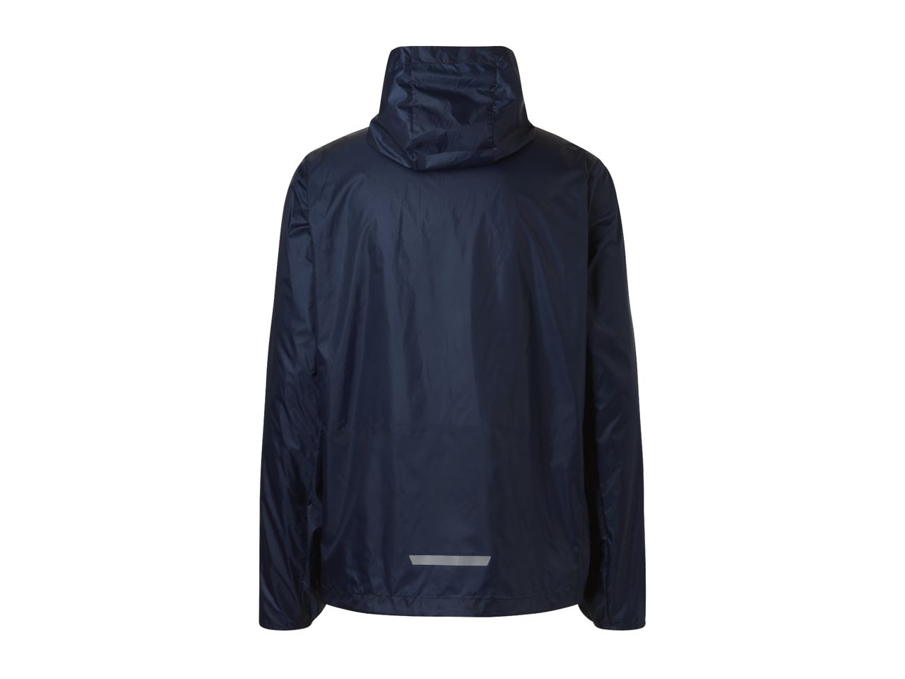 Dark blue waterproof jacket with a hood and a reflective strip on the back.