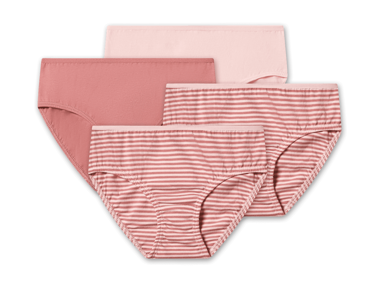 Drei Damen-Slips in Rosa, einer davon gestreift, auf schwarzem Hintergrund.