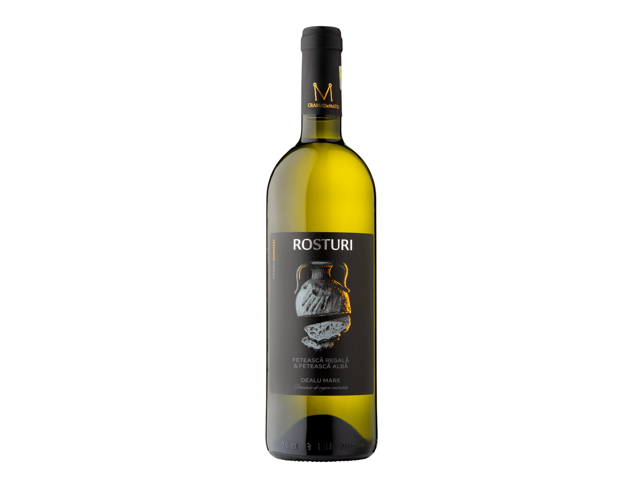 O sticlă de vin alb CRAMA DeMATEI ROSTURI Fetească Regală & Fetească Albă.