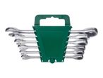A set of silver combination wrenches in a green plastic holder.