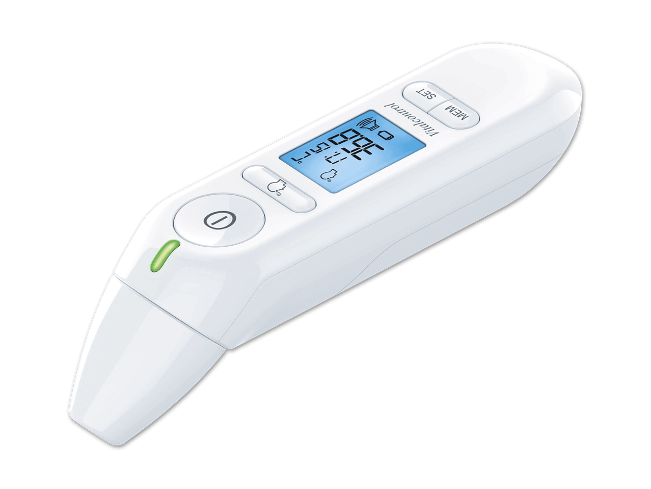 Weißes Vitalcontrol-Fieberthermometer mit digitalem Display und Tasten.