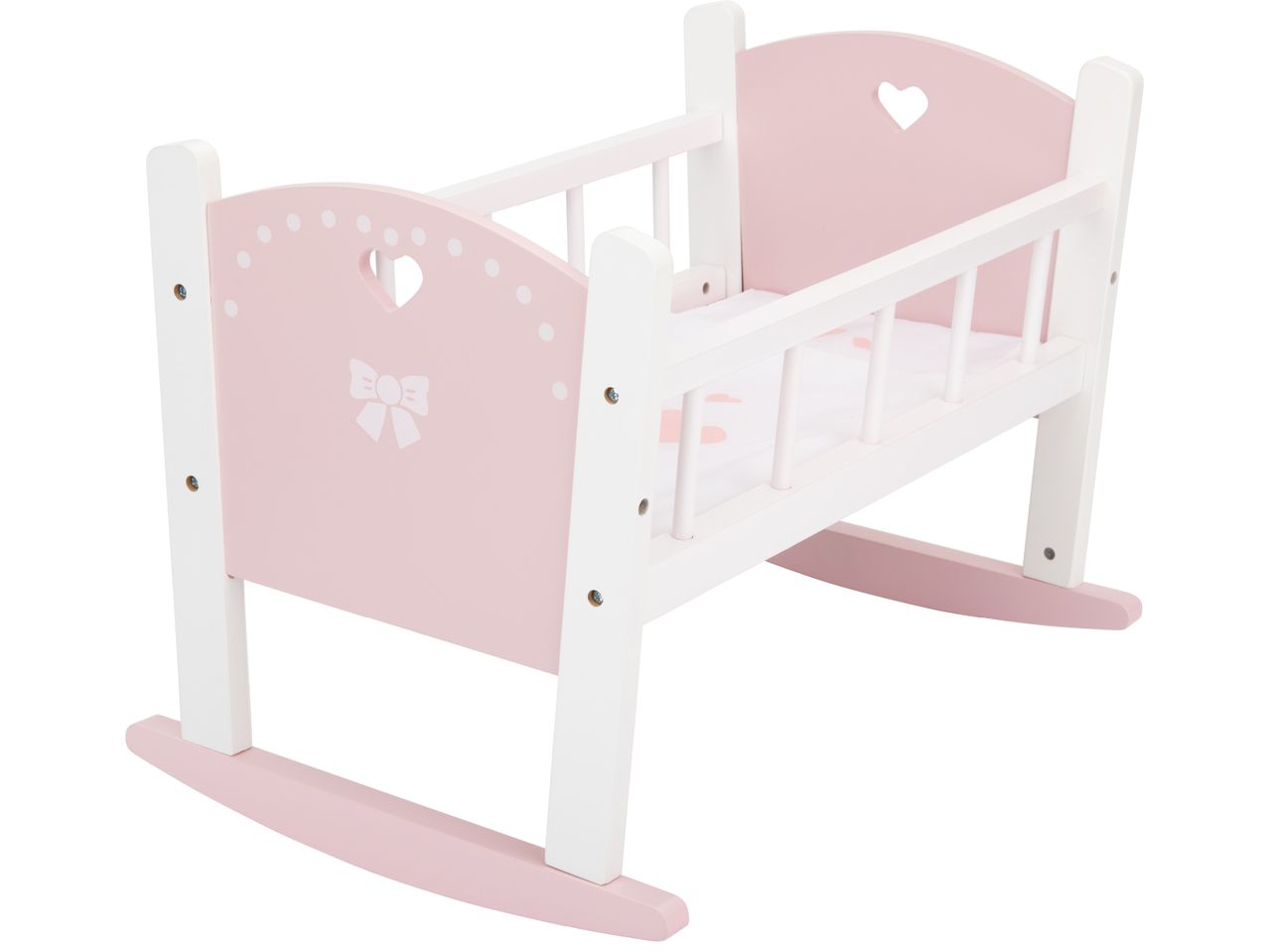 Розова дървена люлка за кукли с бял декор на сърца и панделки.