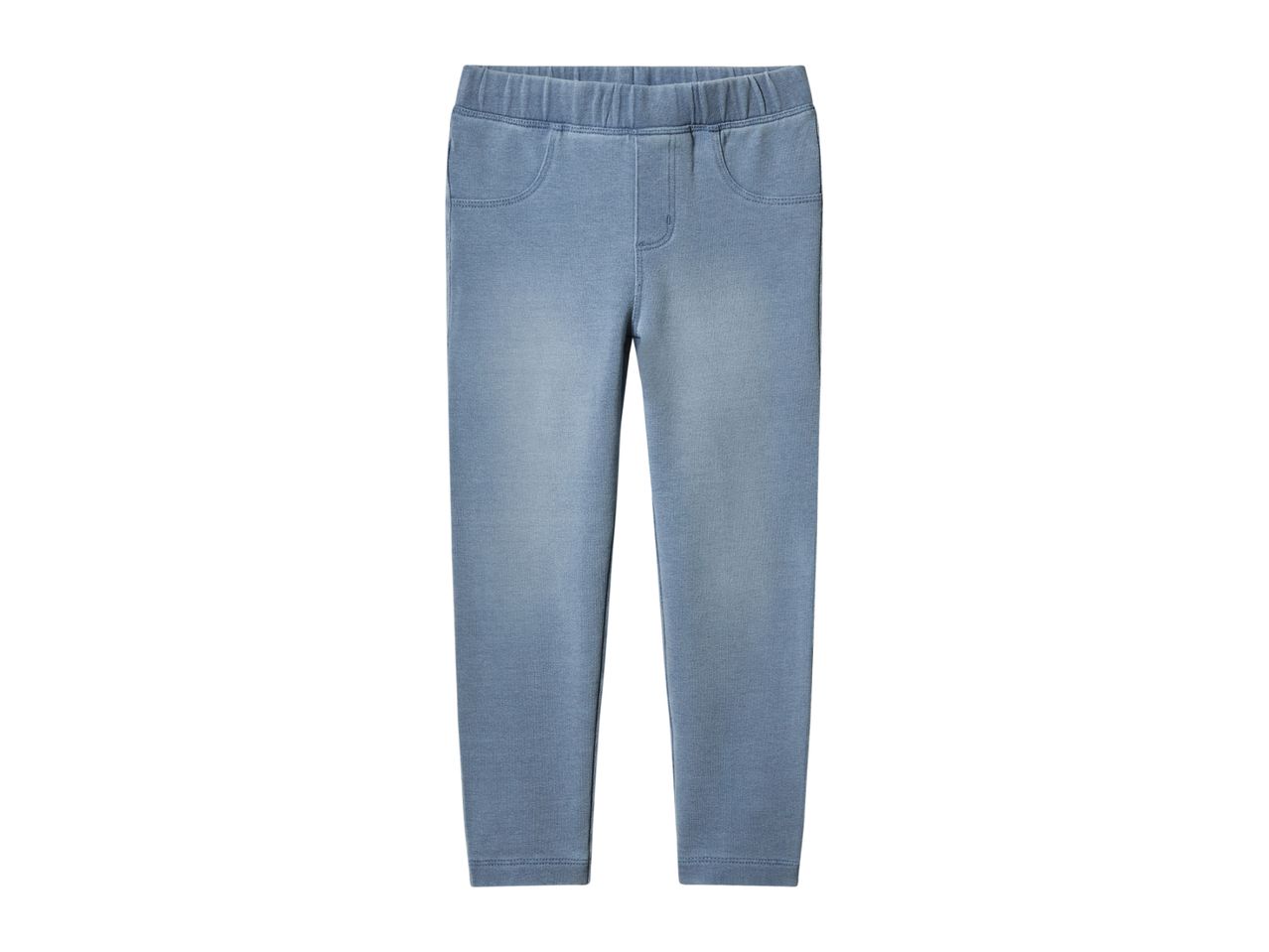 Light blue children's jeggings with an elasticated waist and faux front pockets.