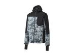 Black and grey tie-dye pattern ski jacket with a hood and black accents.