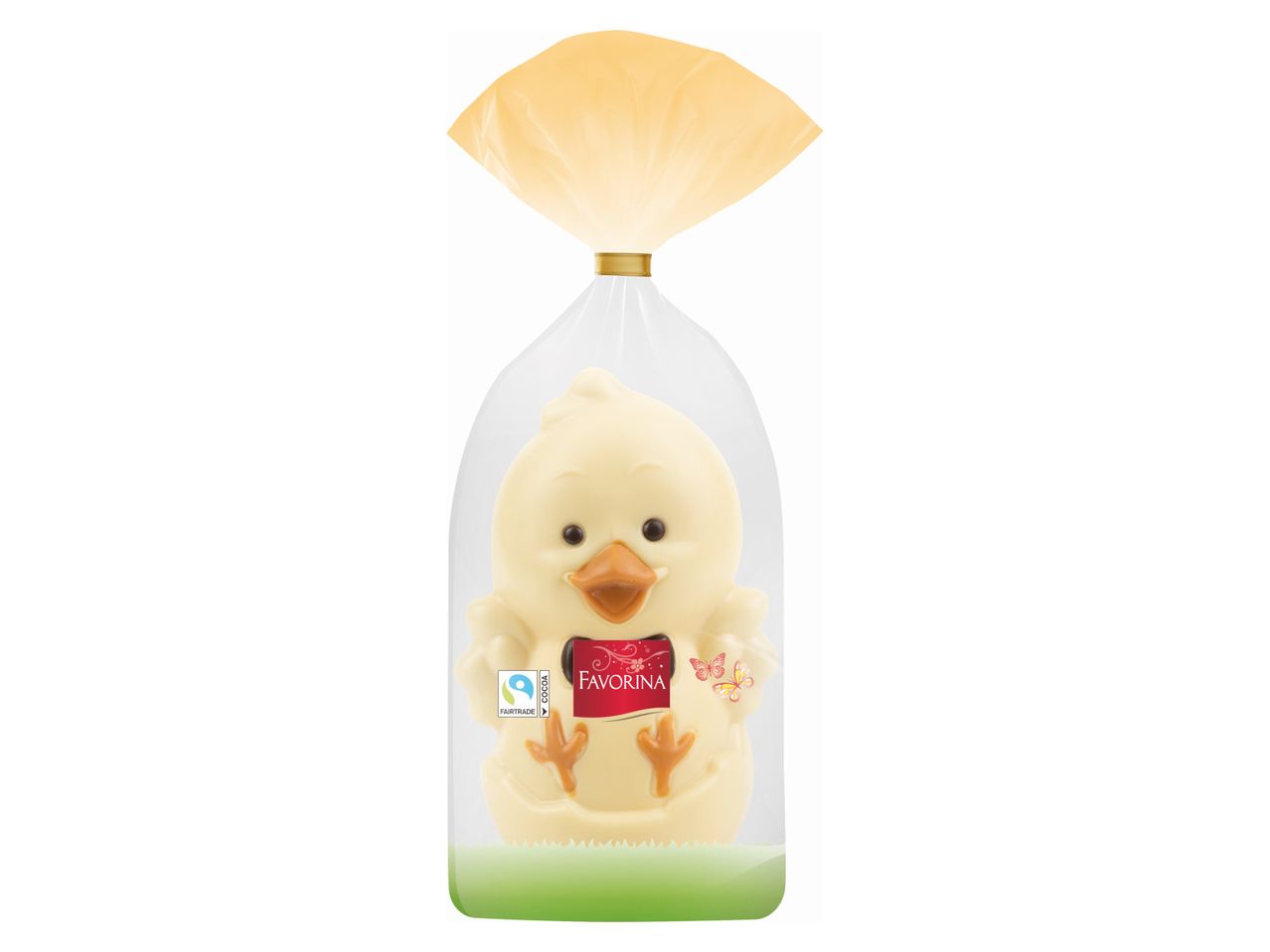 White chocolate chick in clear packaging with a red label and Fairtrade cocoa logo.