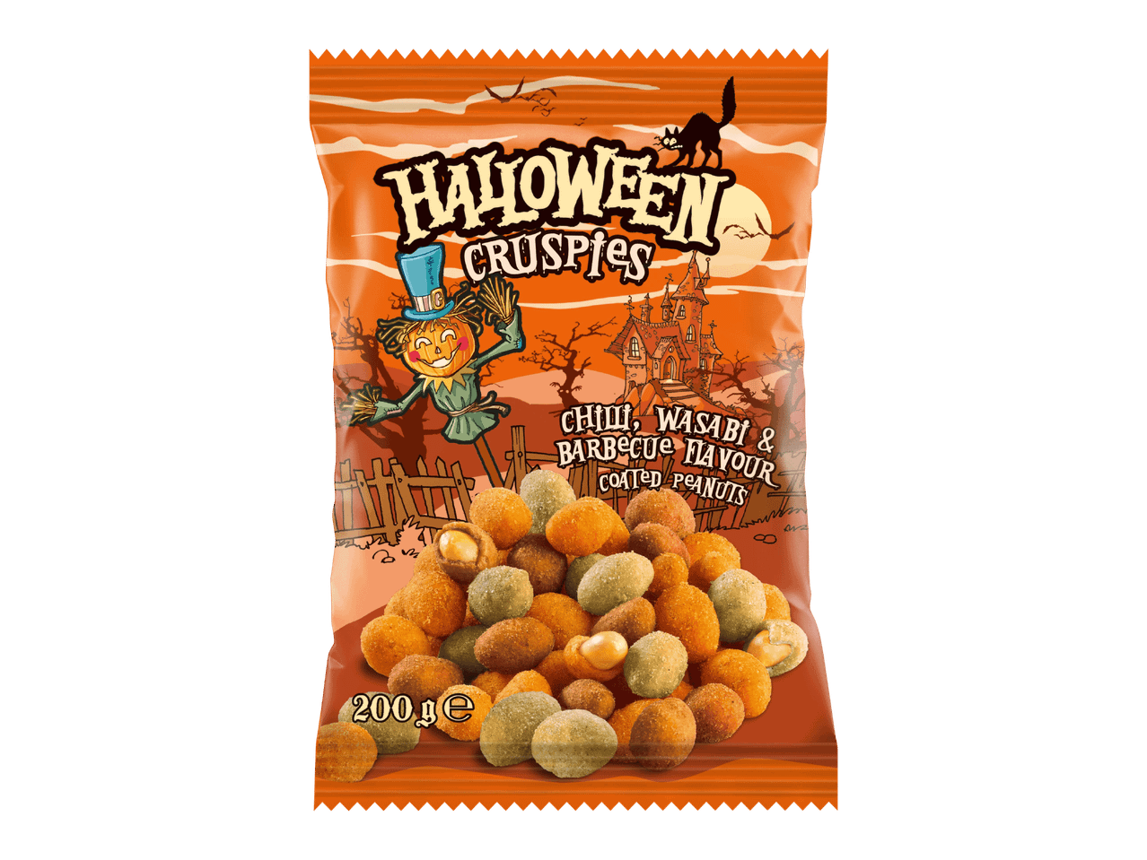 Halloween-teemainen pussi chili-, wasabi- ja grillimaustettuja kuorrutettuja pähkinöitä.