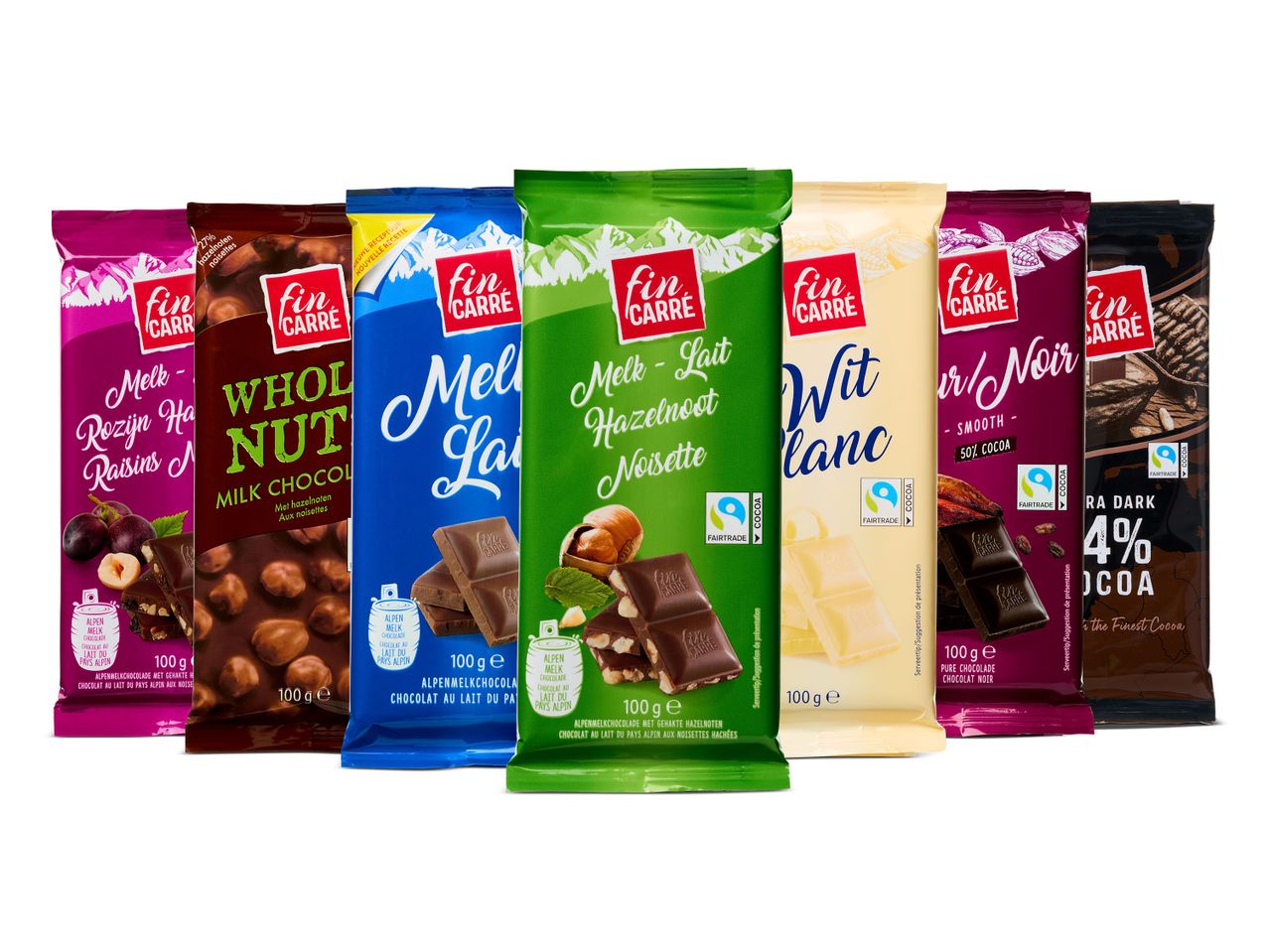 Selectie Fin Carré chocolades: melk, hazelnoot, puur en wit.