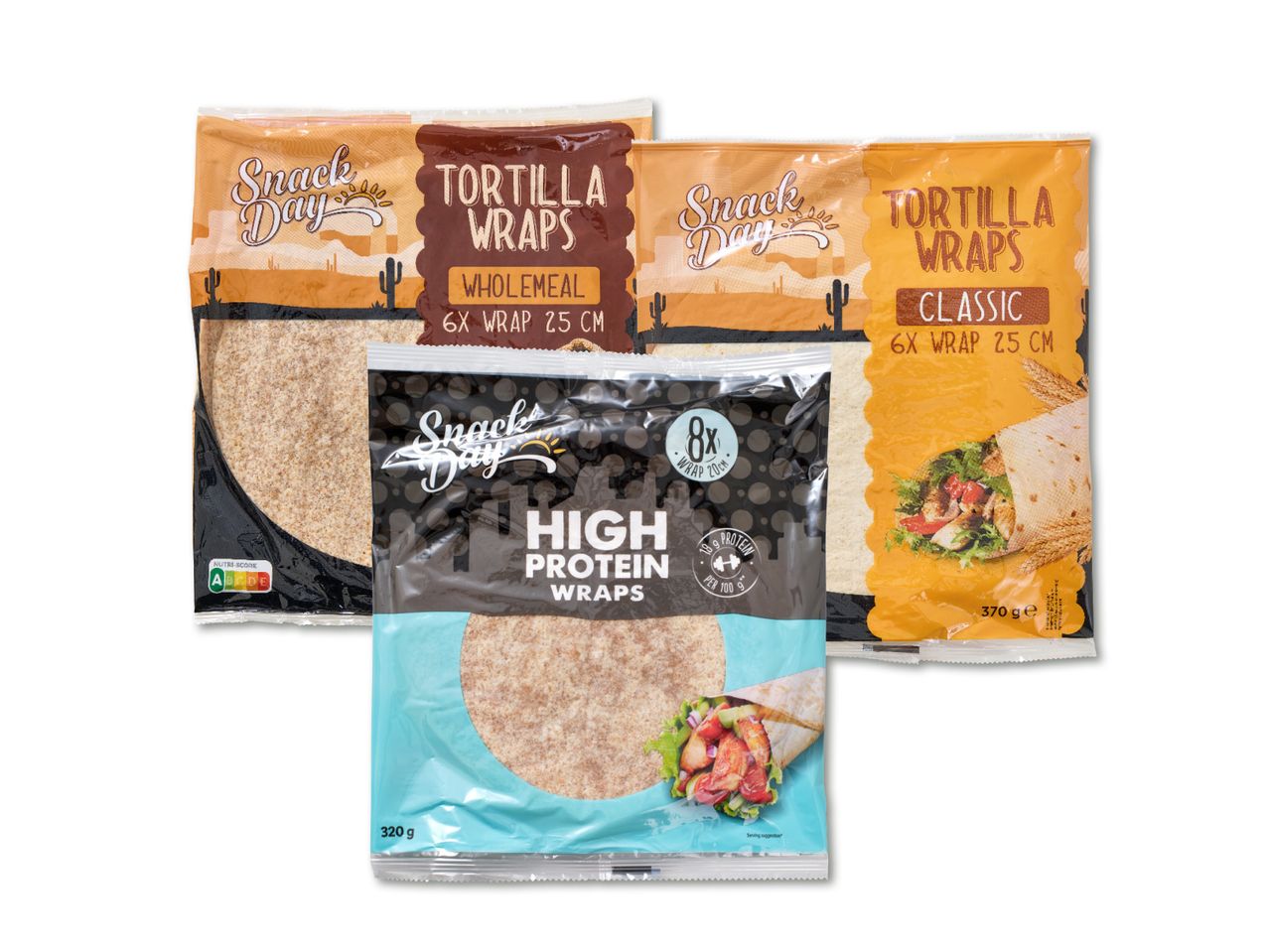 Trīs tortilju iepakojumi: kviešu, pilngraudu un augstas olbaltumvielu satura.