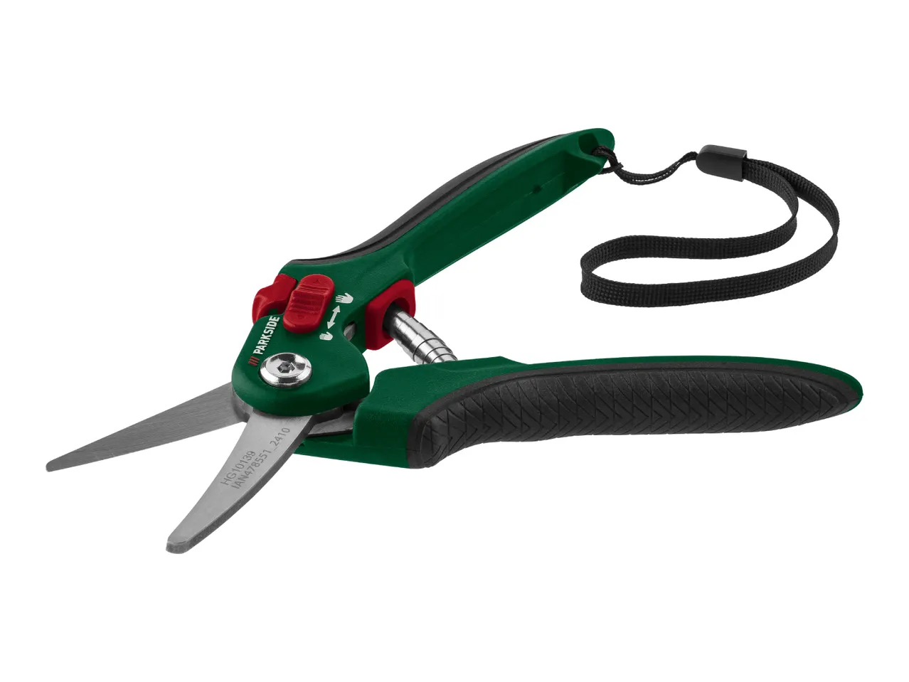 Green and black garden shears with a wrist strap, shown on a white background.