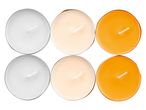 Sei candele a lumino in tre colori: bianco, crema e arancione.