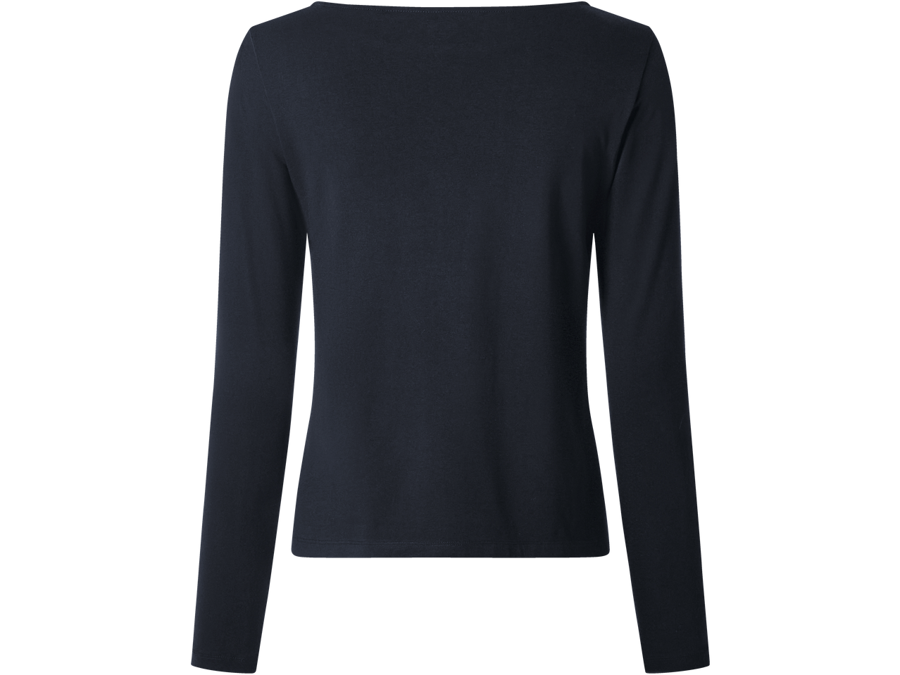 Tumšs krekls ar garām piedurknēm un laivas veida kakla izgriezumu, aizmugure