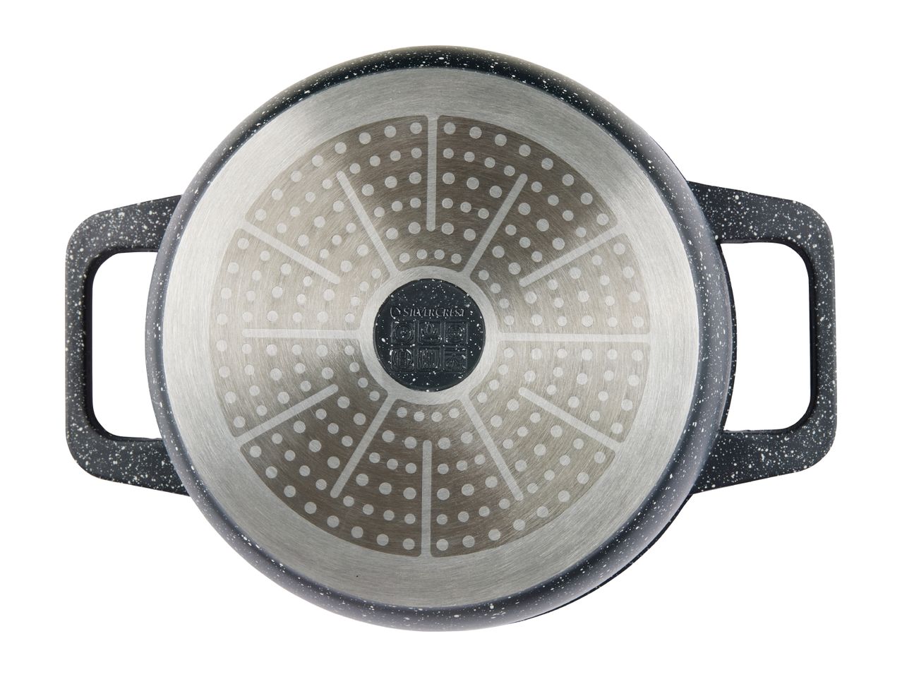Bottom view of a dark gray cookware pot with two handles and a patterned stainless steel base.