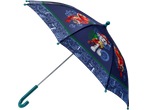 Paw Patrol paraplu met Marshall en dinosaurussen, donkerblauw met groene details.