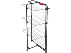 Black three-tier clothes drying rack with red accents and wheels.