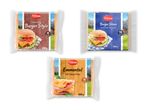 Tre pakker osteskiver: to med burgerstil og en med Emmental, alle med 10 skiver og 200g.