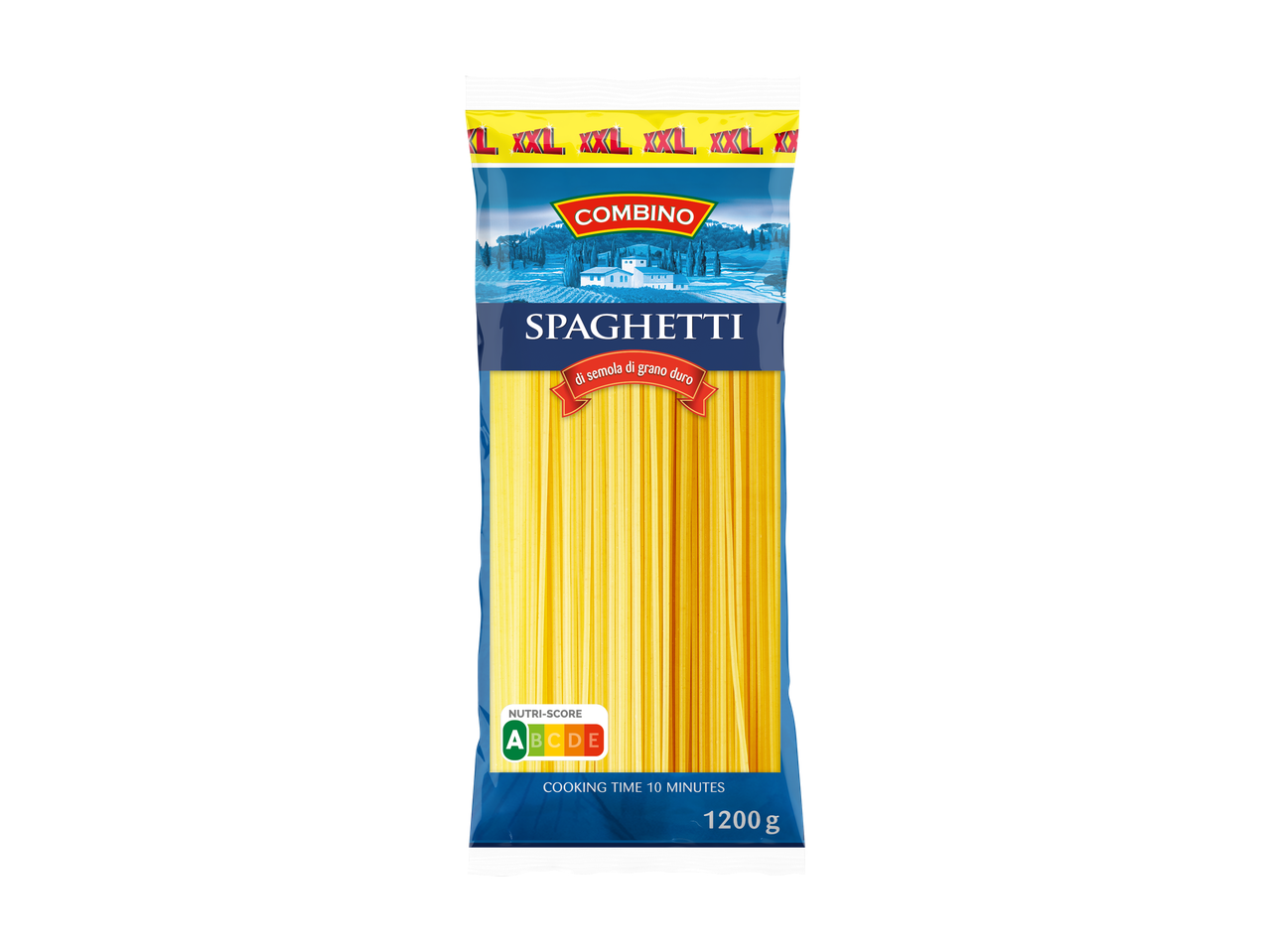 Verpakking Combino Spaghetti van durumtarwegriesmeel, 1200 g, kooktijd 10 minuten, Nutri-Score A
