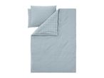 Light blue duvet cover and pillowcase set with white stripes and grid patterns.