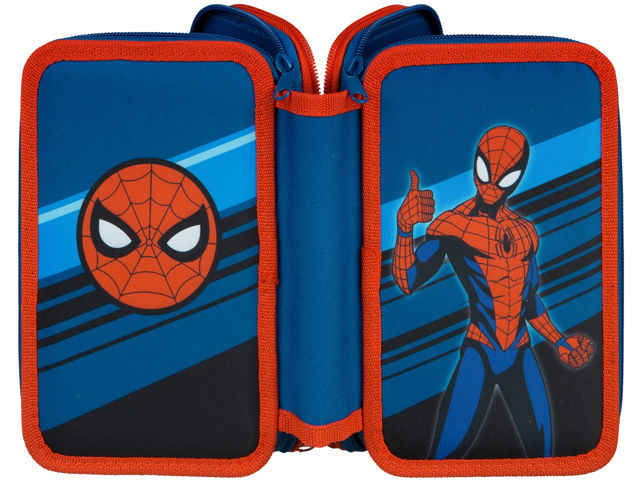 Double pencil case featuring Spiderman: blue and red design.