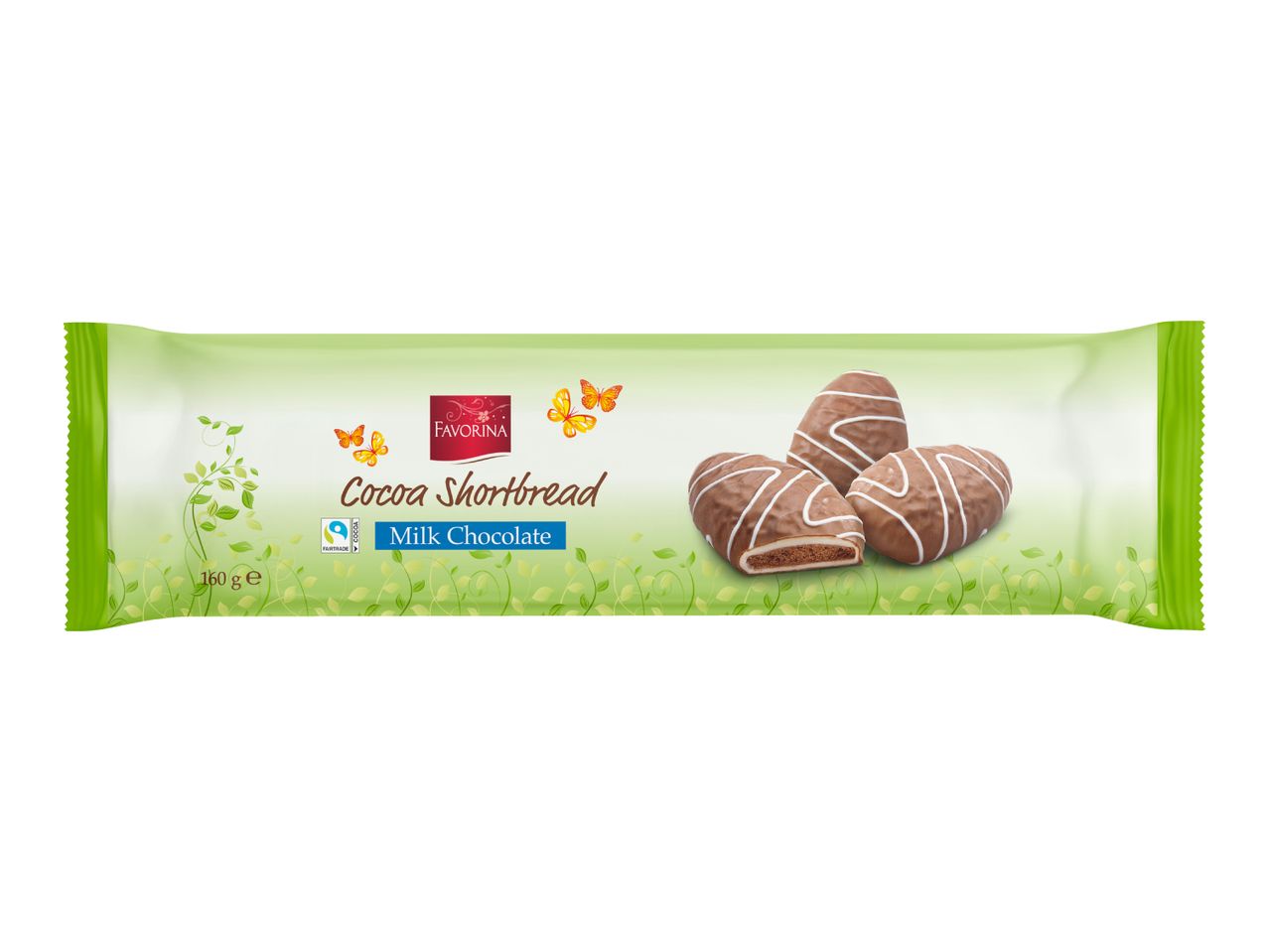 Cocoa shortbread with milk chocolate, 160g, in a green package with leaf and butterfly designs.
