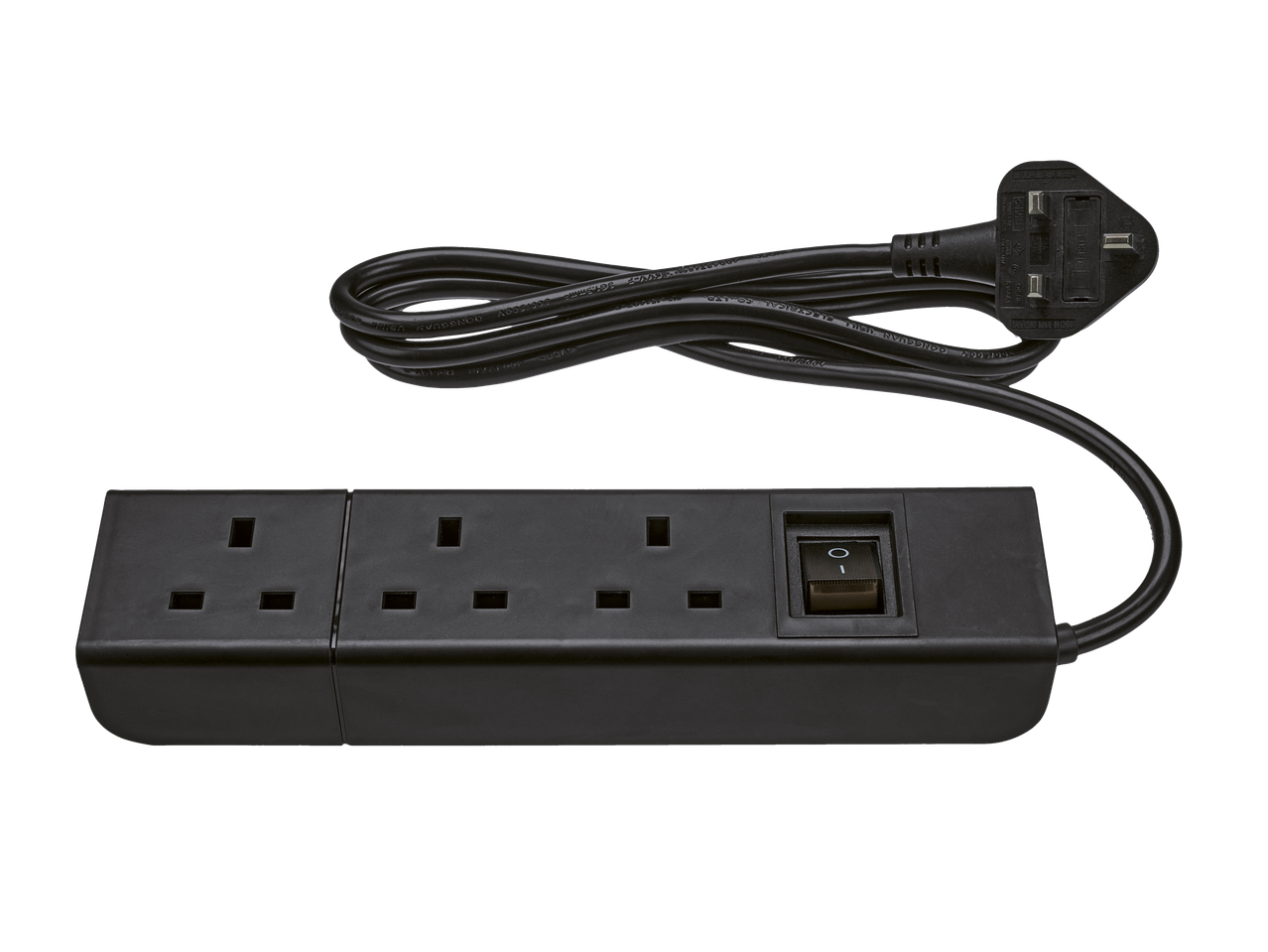 A black 4-gang UK mains power extension lead with a switched outlet.