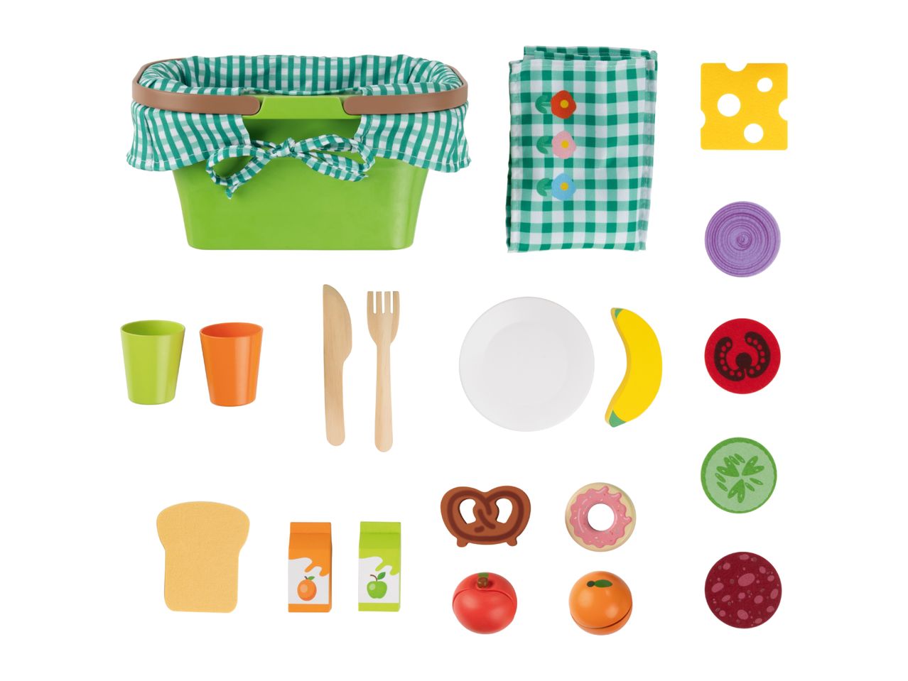A green picnic basket with a checkered cloth, toy food, and utensils.