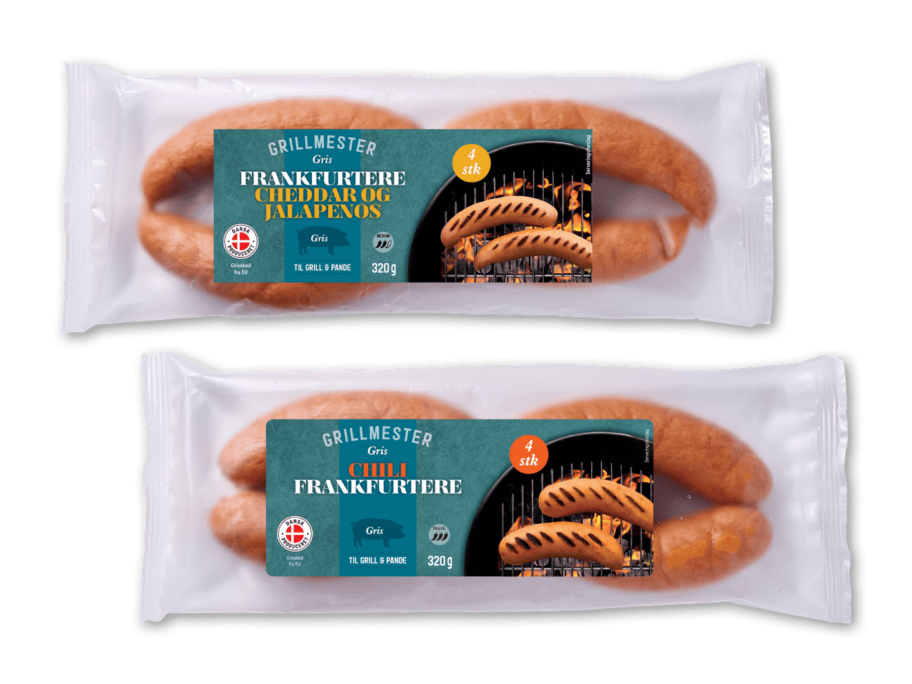 To pakker frankfurtere: cheddar og jalapeños samt chili, begge med 4 stk. og 320g.