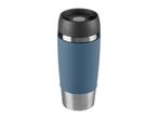 Blue stainless steel travel mug with a black lid.