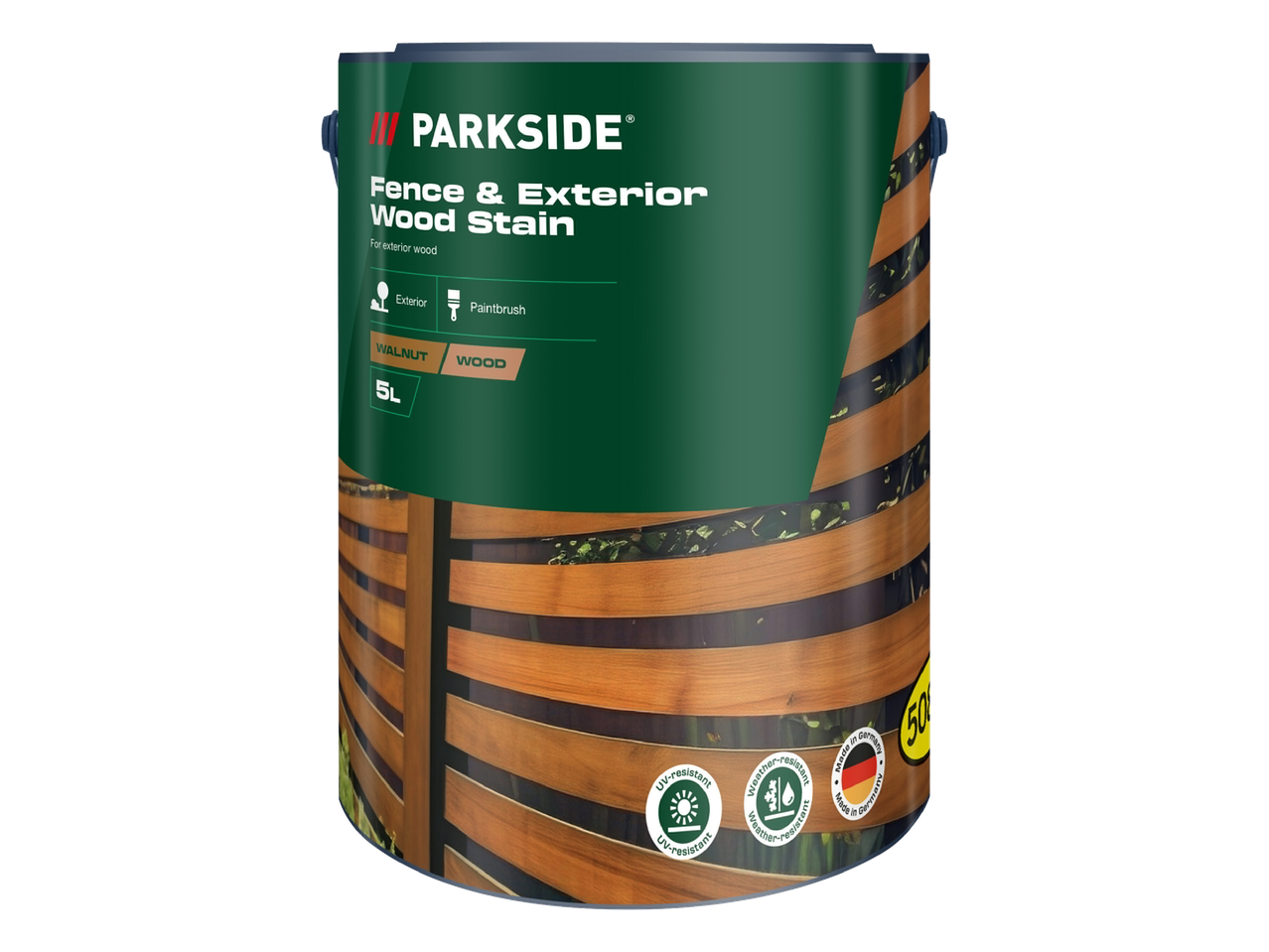 5-litrski lesni premaz za ograje in zunanje površine v barvi oreha, odporen na UV žarke in vremenske vplive.