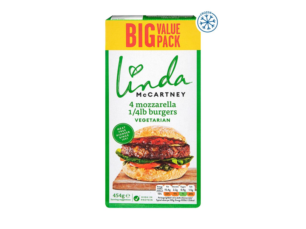 Linda McCartney 4 mozzarella 1/4lb vegetarian burgers, big value pack
