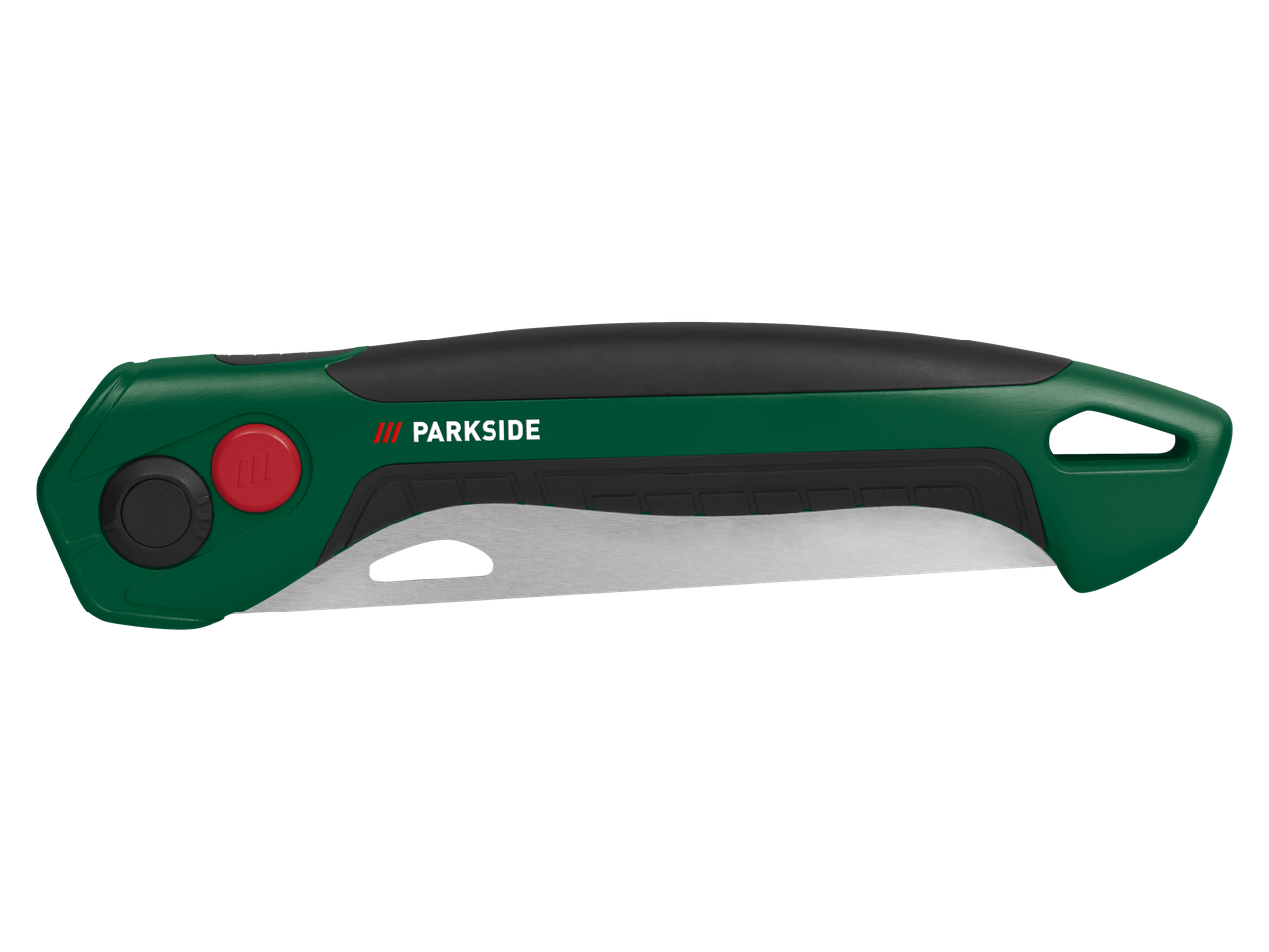 Saliekamais dārza zāģis ar zaļi melnu rokturi un sudraba asmeni.