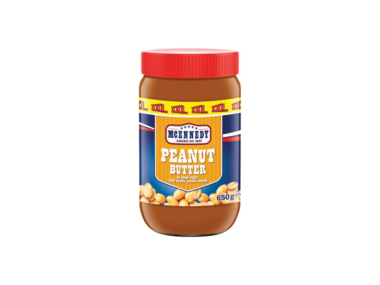 Tegla McEnnedy kikiriki putera sa natpisom „XXL“ i „650g“.