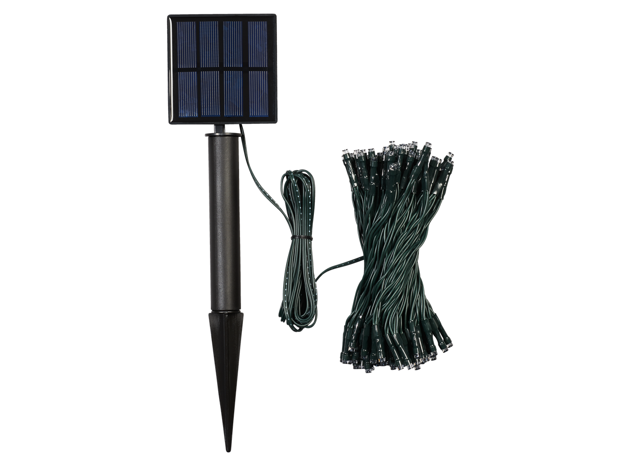 Luzes solares de corda com cabo verde escuro e LEDs.