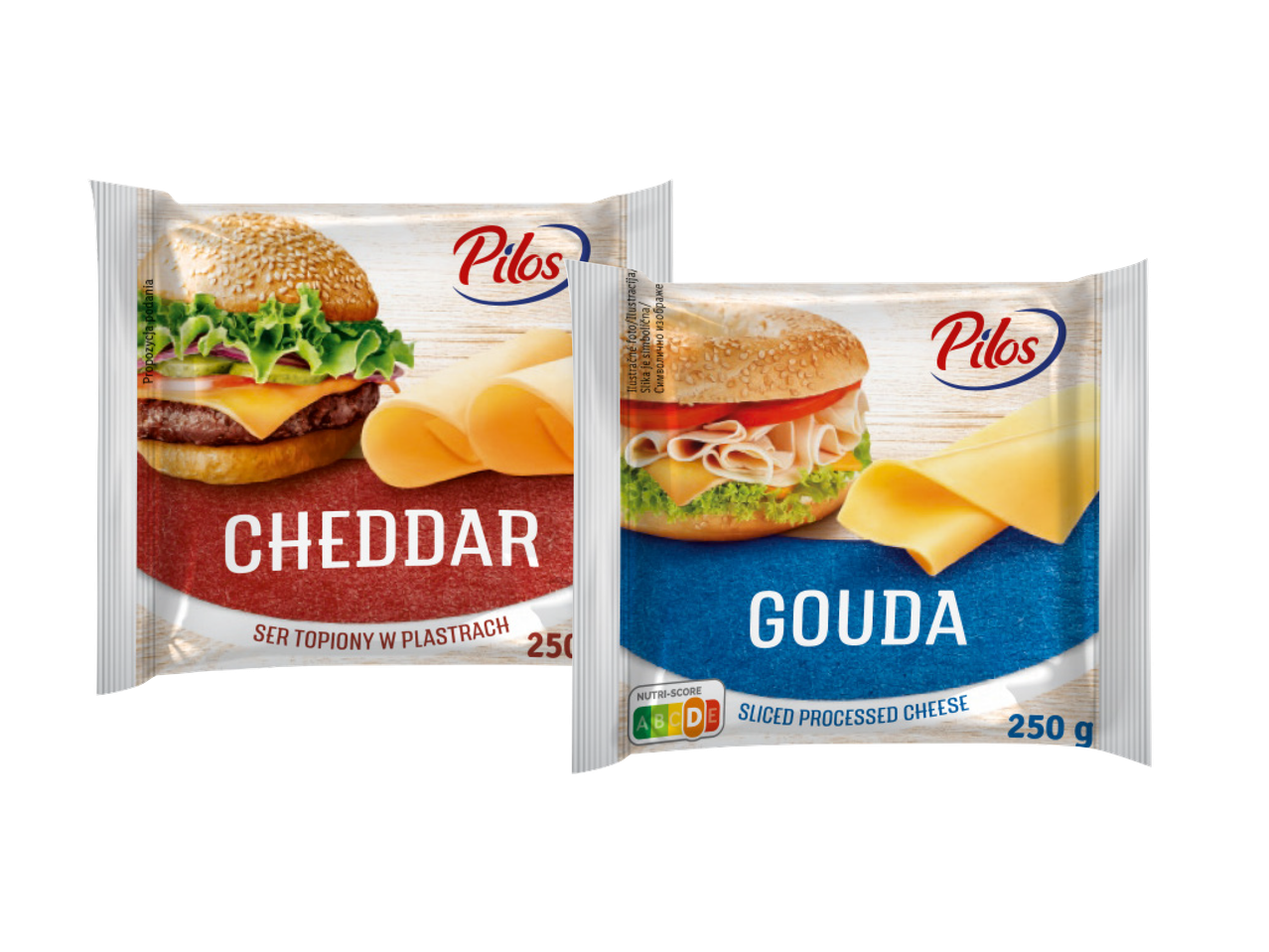 Dva pakovanja topljenog sira u listićima, čedar i gauda, sa slikama burgera.