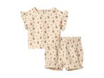 Cream baby top with ruffled sleeves and matching shorts, both with a red floral pattern.