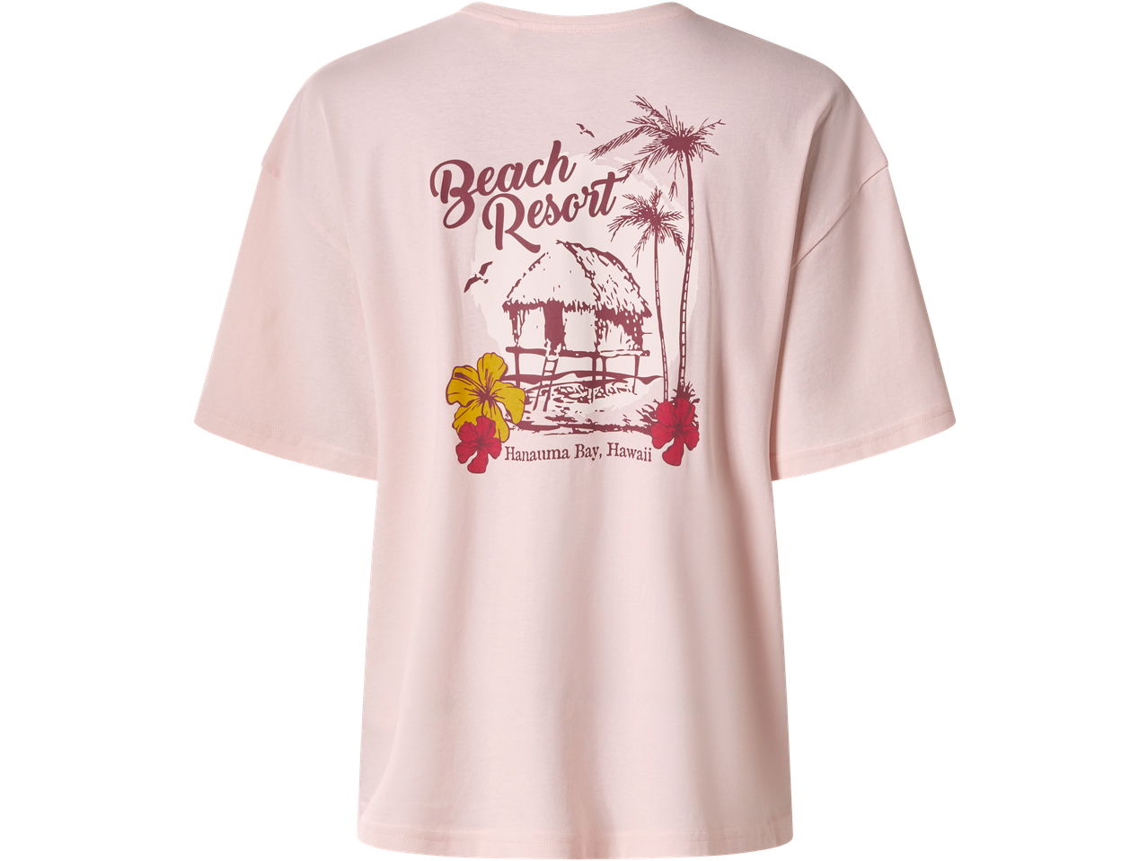 T-shirt ESMARA rosa com estampa 'Beach Resort Hanauma Bay, Hawaii' e cabana com palmeiras.