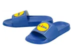 Сини чехли с жълто лого, изобразяващо човек и надпис „LIDL“.