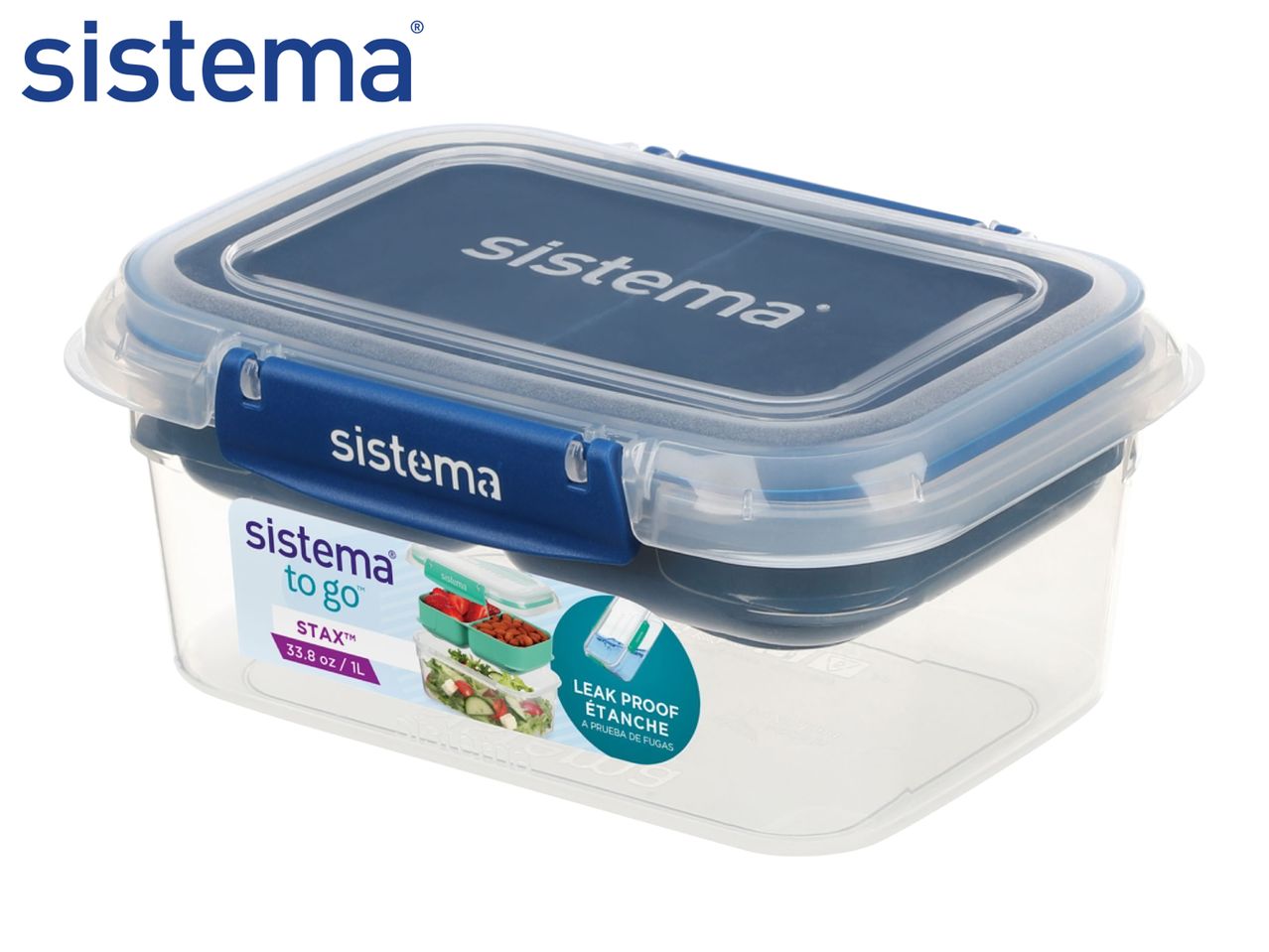 A clear plastic food storage container with a blue lid and locking clips.