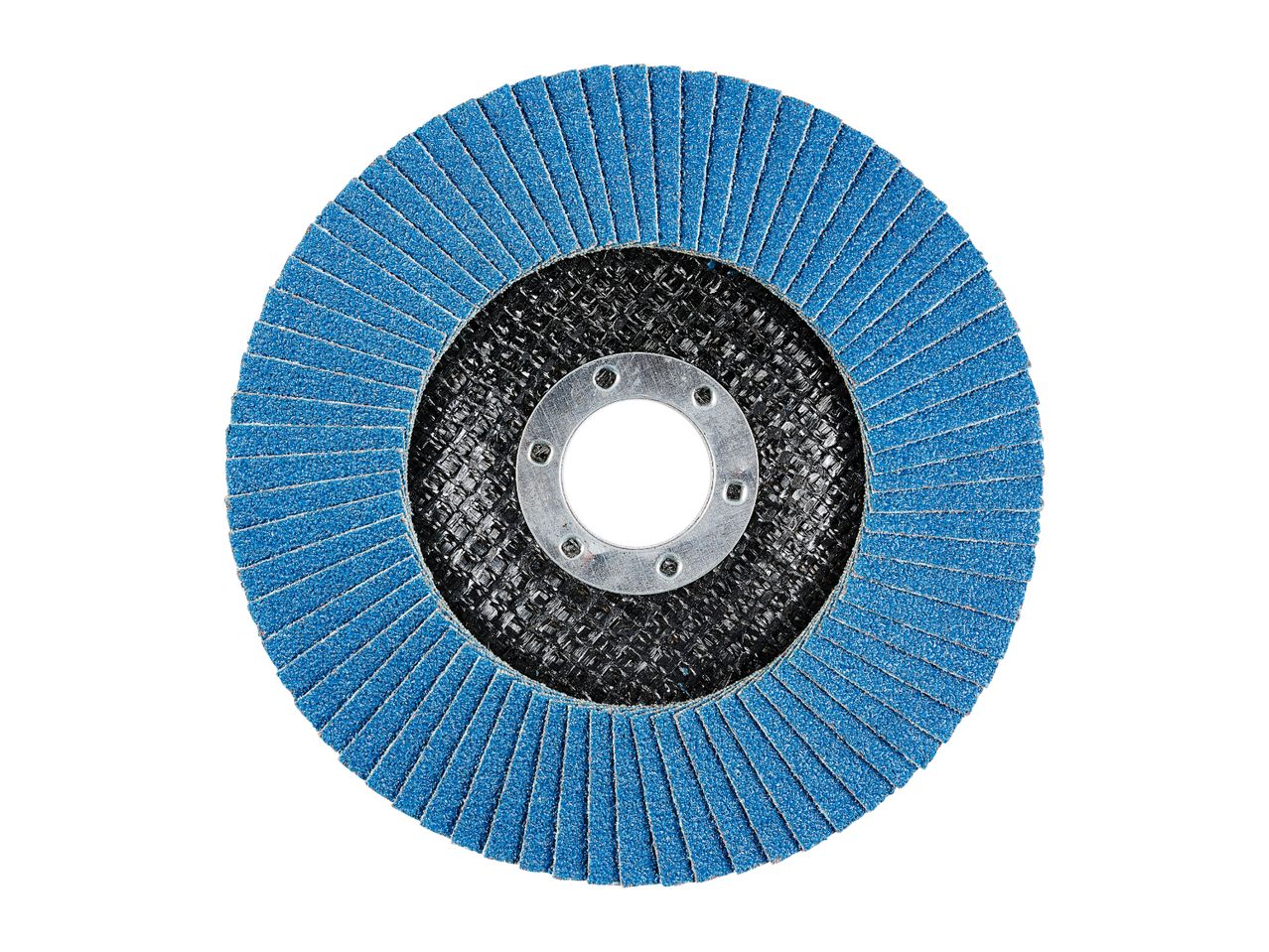 Blue flap disc for grinding and sanding, with a metal center