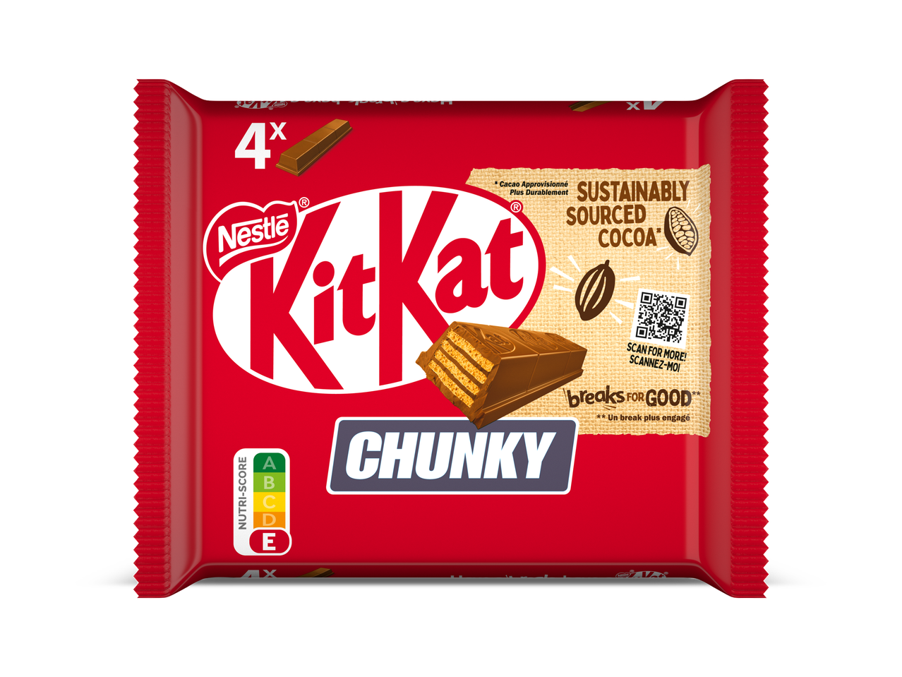 Rode verpakking met vier chocoladerepen, duurzaam geproduceerde cacao en Nutri-Score E.