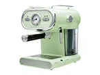 Light green retro-style espresso machine with a temperature gauge and chrome accents.