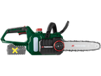 Cordless chainsaw with an oil reservoir and a removable battery.