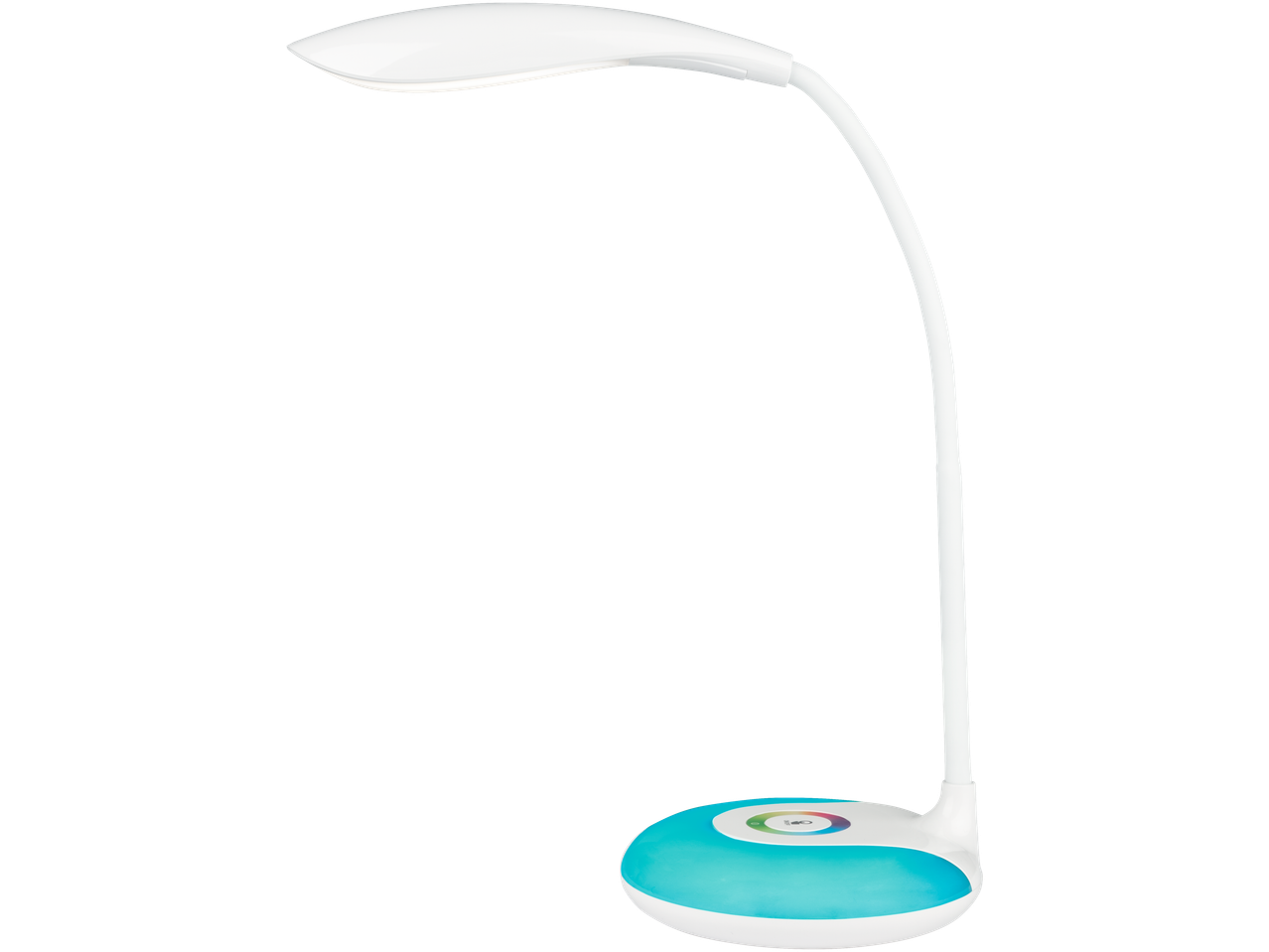 Lampe de bureau blanche avec base bleue.