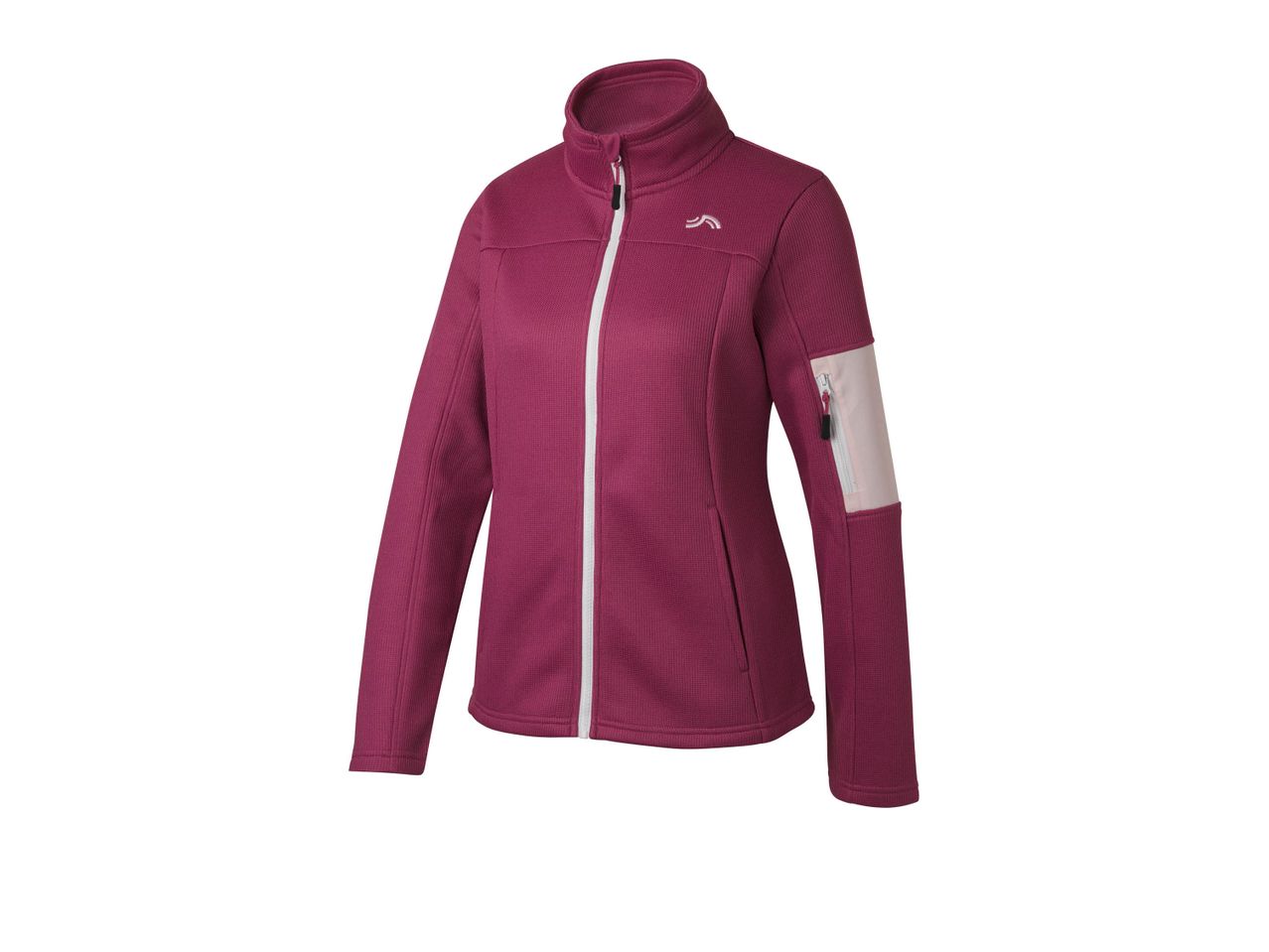 Purple knitted fleece jacket with a white zipper and a light pink arm patch