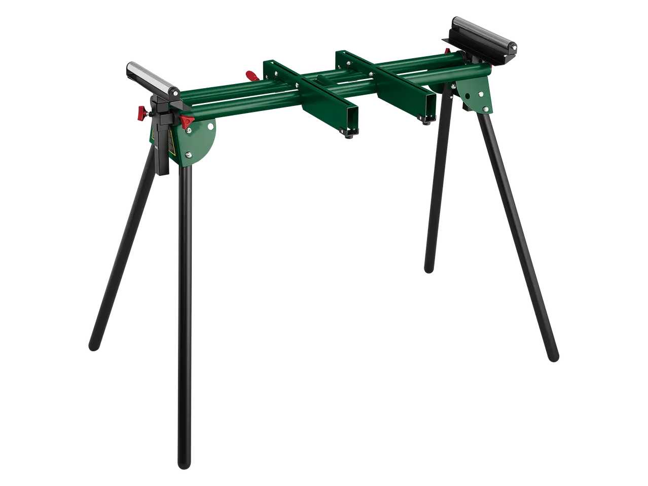 Support de scie à onglet vert avec pieds noirs et rouleaux de support.
