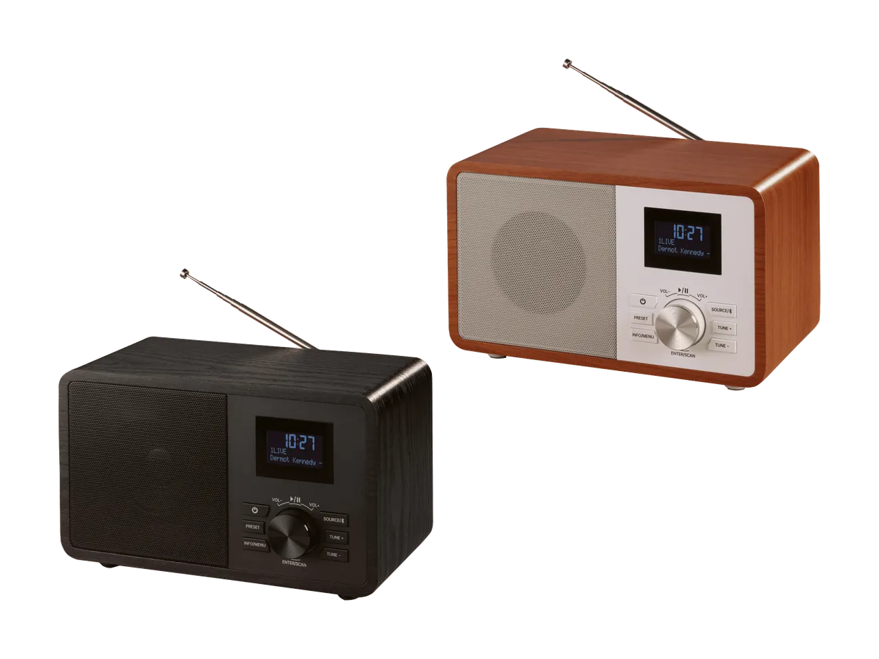 Deux radios numériques en bois, une marron clair et une noire, avec affichage de l'heure.